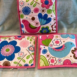 Bacati 3-Piece Nursery Crib Wall Hanging Set Birds & Floral Pink Blue 9" Square